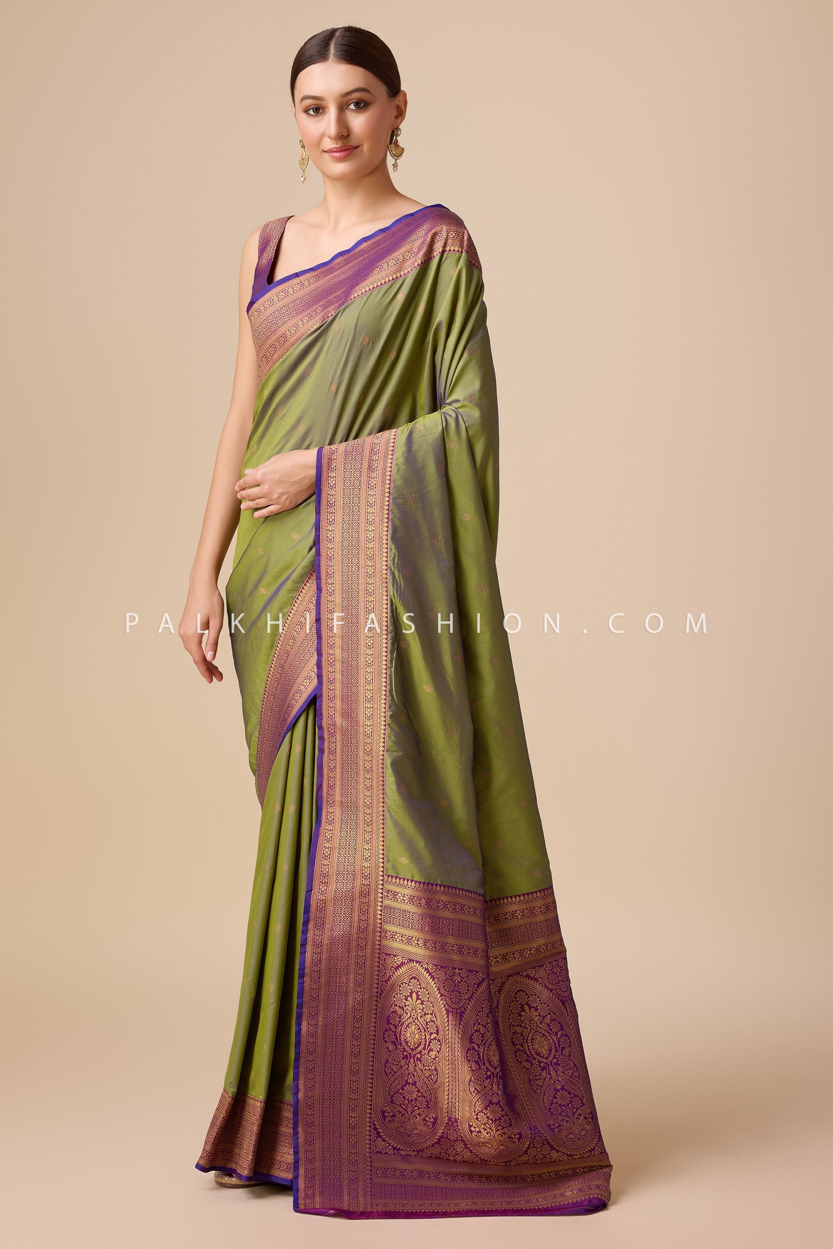 Light Mehndi Kanjivaram Saree with Elegant Motifs and Border – Palkhi Fashion