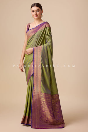 Light Mehndi Kanjivaram Saree with Elegant Motifs and Border – Palkhi Fashion