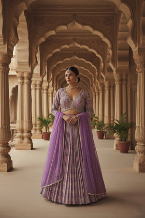 Lilac Noor: Pastel Lilac Banarasi Jaal Designer Lehenga Set – Palkhi USA
