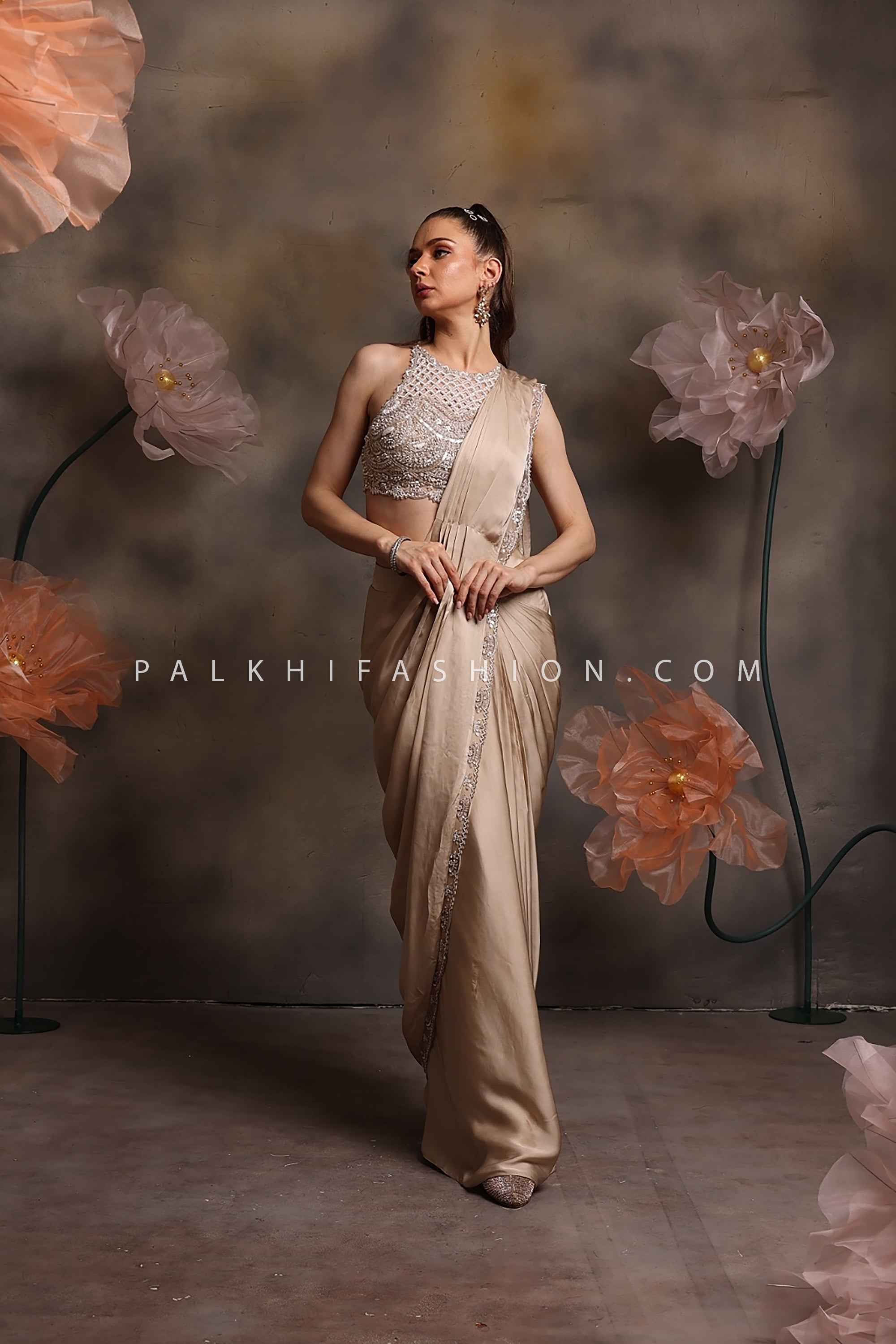 ✨ Liquid Champagne: Luxe Champagne Ready-to-Wear Saree & Beaded Couture Blouse