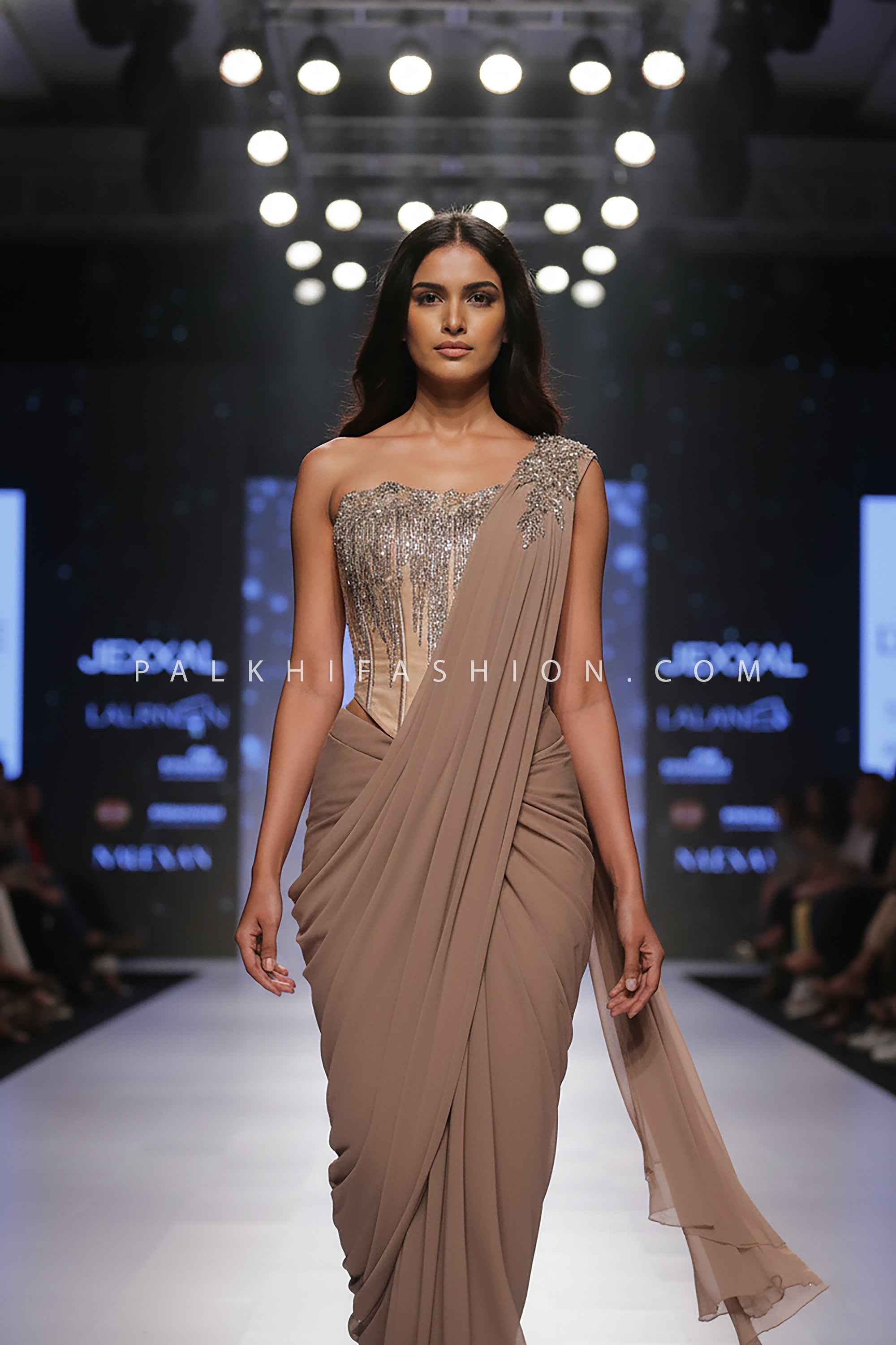 Luxe Mocha: Designer Cocktail Drape Saree with Hand Embellished Corset – Palkhi Fashion Houston