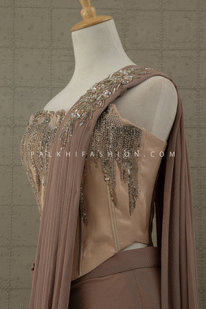 Luxe Mocha: Designer Cocktail Drape Saree with Hand Embellished Corset – Palkhi Fashion Houston