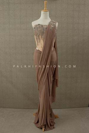 Luxe Mocha: Designer Cocktail Drape Saree with Hand Embellished Corset – Palkhi Fashion Houston
