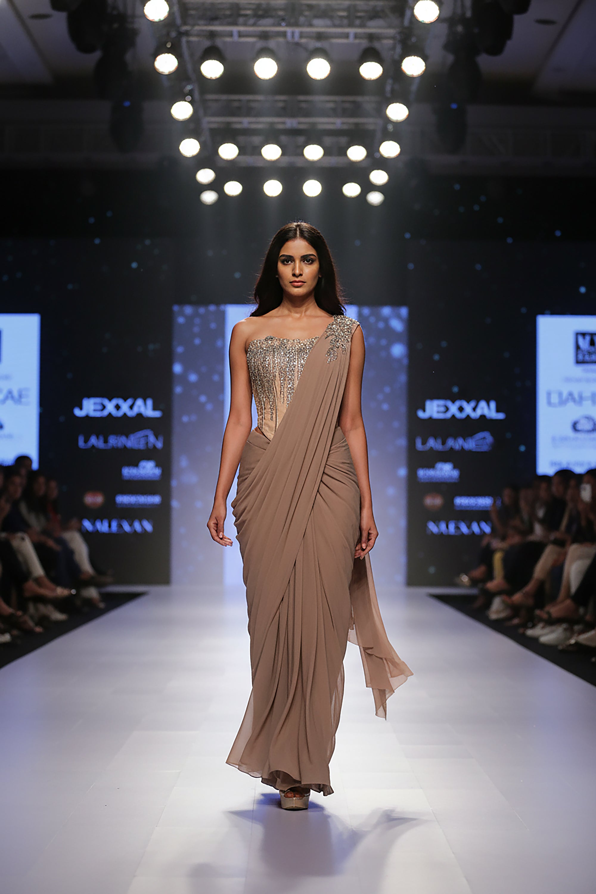 Luxe Mocha: Designer Cocktail Drape Saree with Hand Embellished Corset – Palkhi Fashion Houston