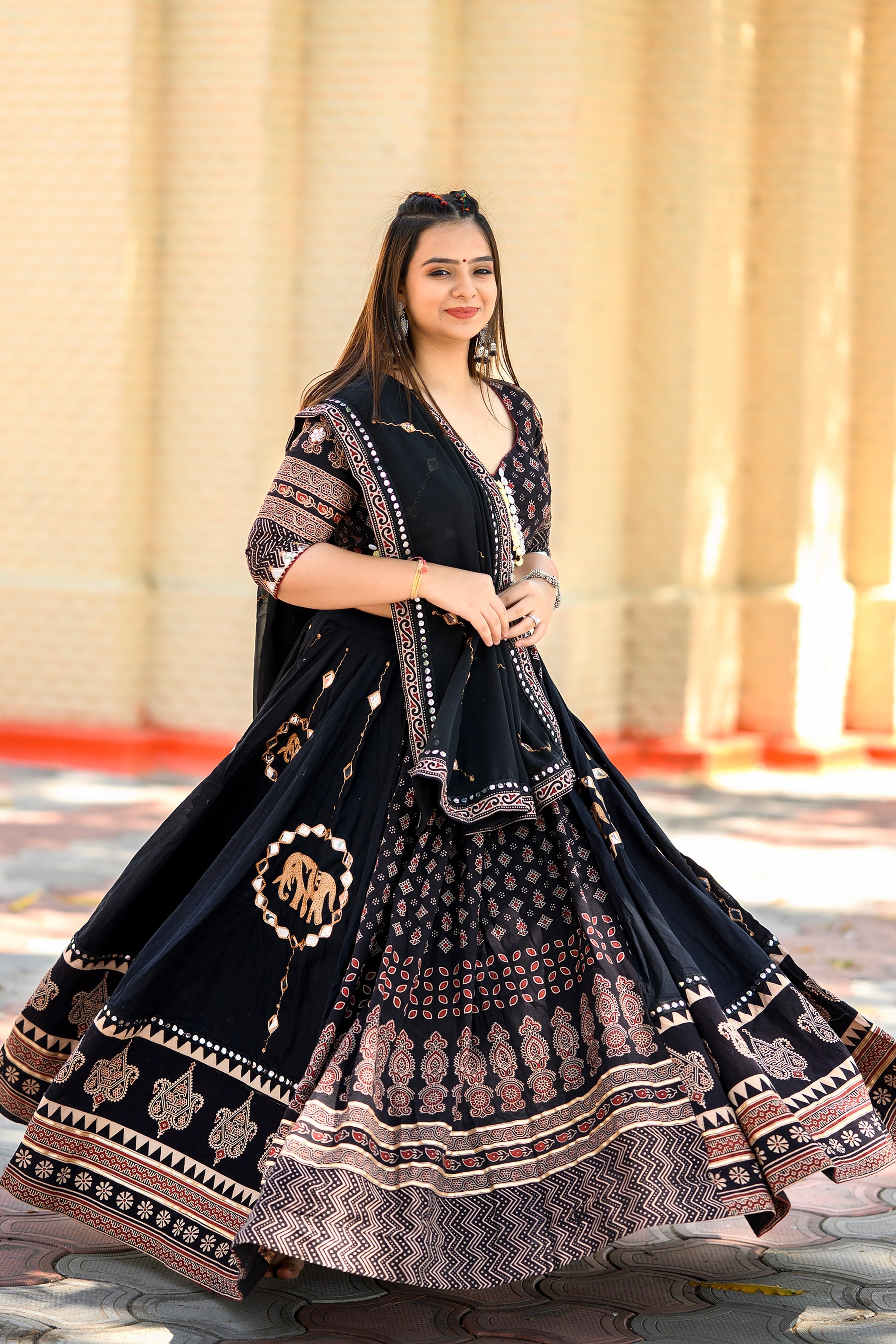 Luxurious Handcrafted Black Navratri Lehenga with Ajarakh Work