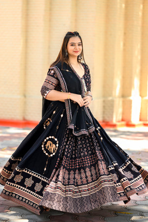 Luxurious Handcrafted Black Navratri Lehenga with Ajarakh Work