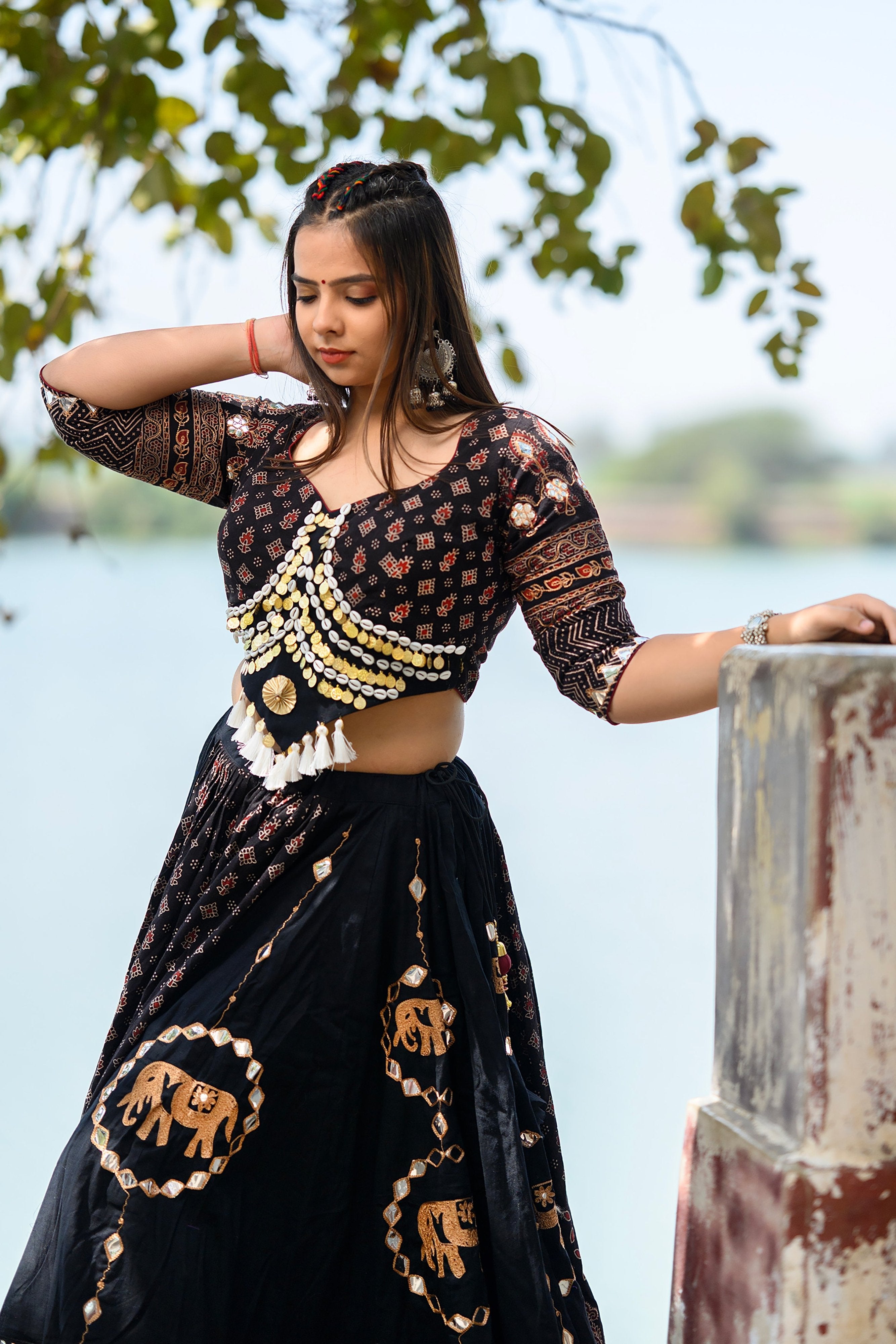 Luxurious Handcrafted Black Navratri Lehenga with Ajarakh Work