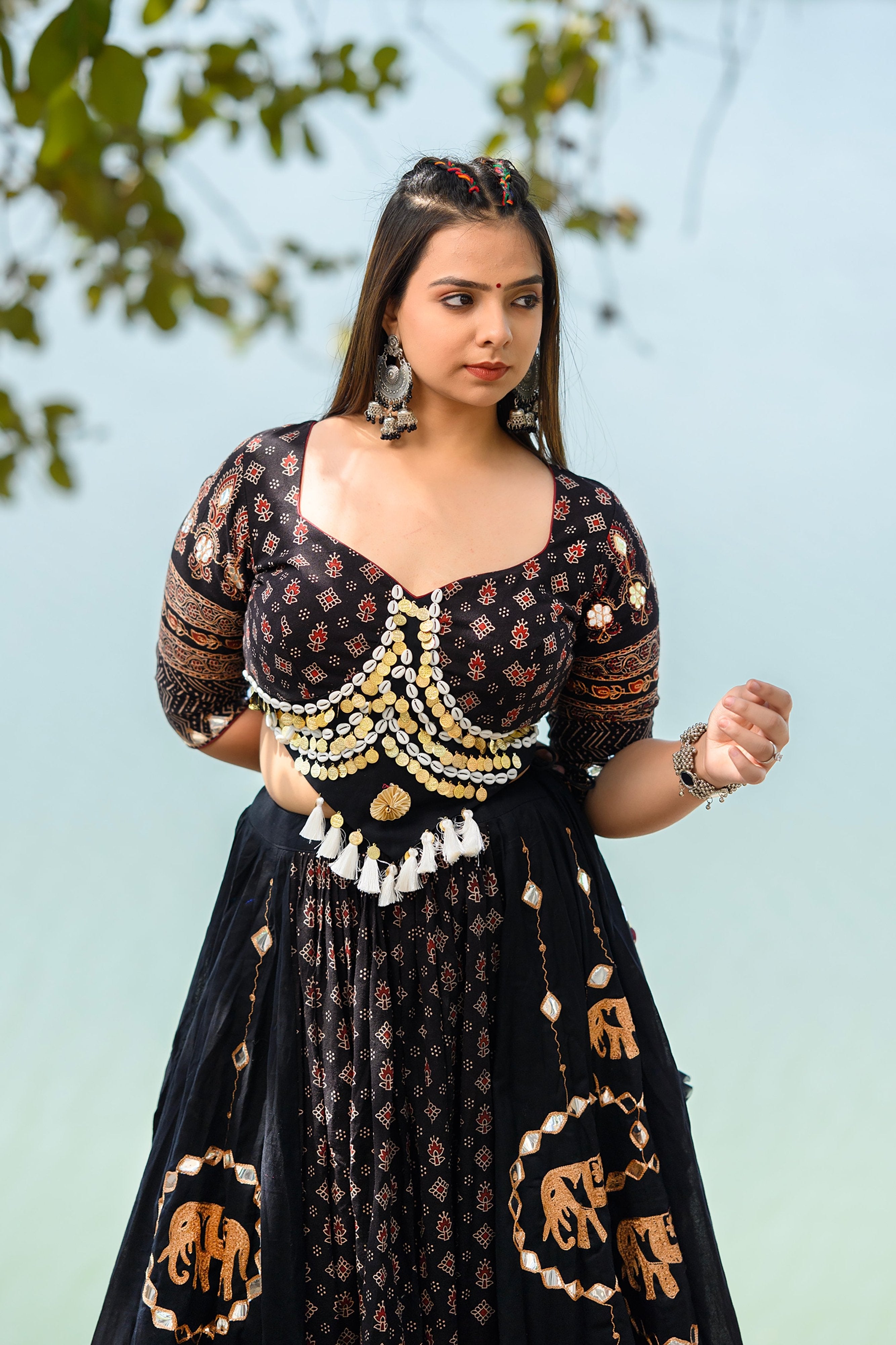 Luxurious Handcrafted Black Navratri Lehenga with Ajarakh Work