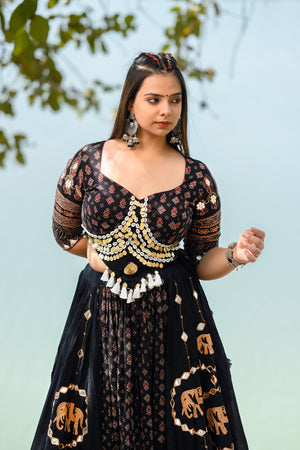 Luxurious Handcrafted Black Navratri Lehenga with Ajarakh Work