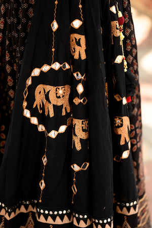 Luxurious Handcrafted Black Navratri Lehenga with Ajarakh Work