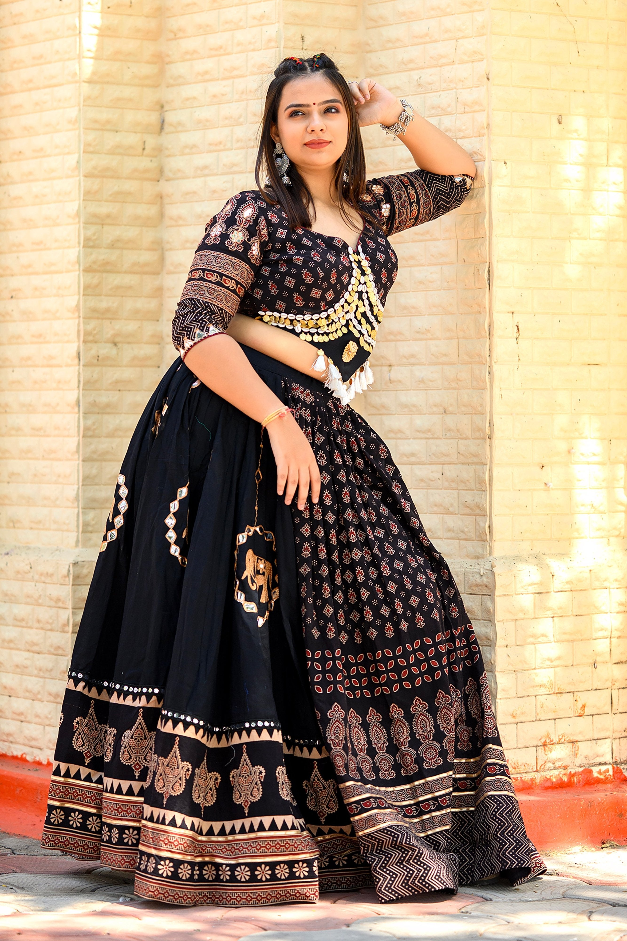 Luxurious Handcrafted Black Navratri Lehenga with Ajarakh Work