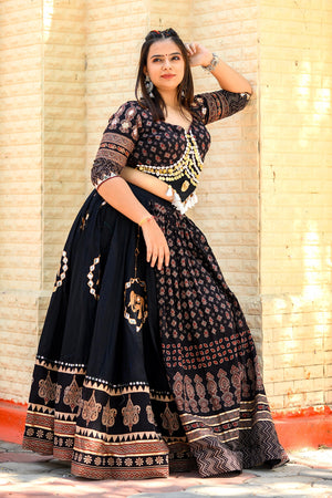 Luxurious Handcrafted Black Navratri Lehenga with Ajarakh Work