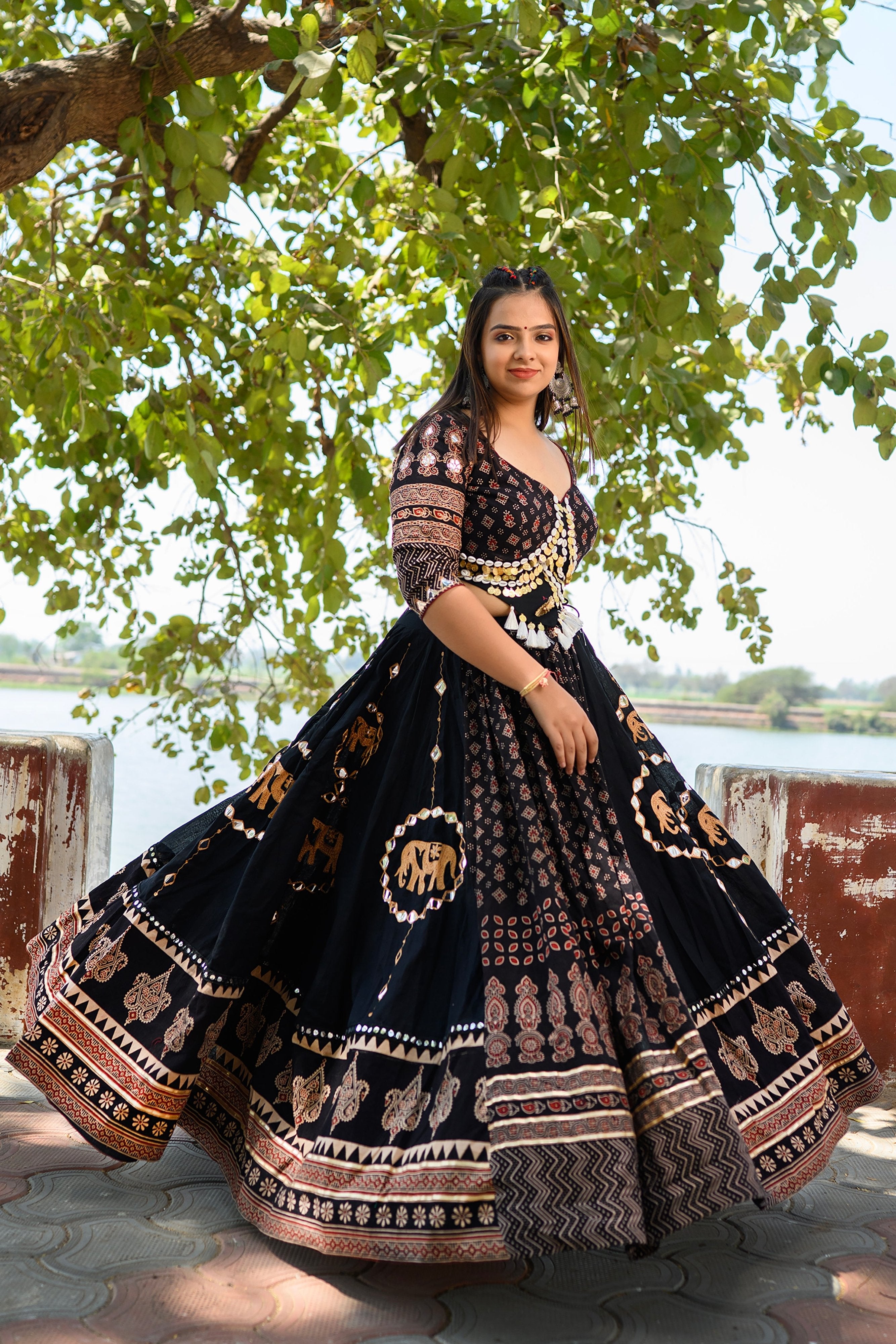 Luxurious Handcrafted Black Navratri Lehenga with Ajarakh Work
