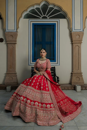 Luxurious Red Silk Bridal Lehenga Choli with Embellished Blouse – Palkhi Fashion