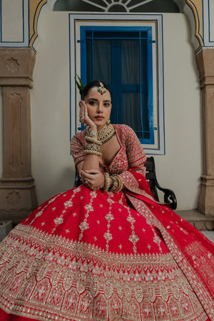 Luxurious Red Silk Bridal Lehenga Choli with Embellished Blouse – Palkhi Fashion