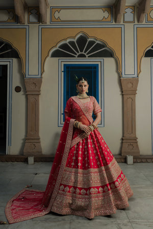 Luxurious Red Silk Bridal Lehenga Choli with Embellished Blouse – Palkhi Fashion