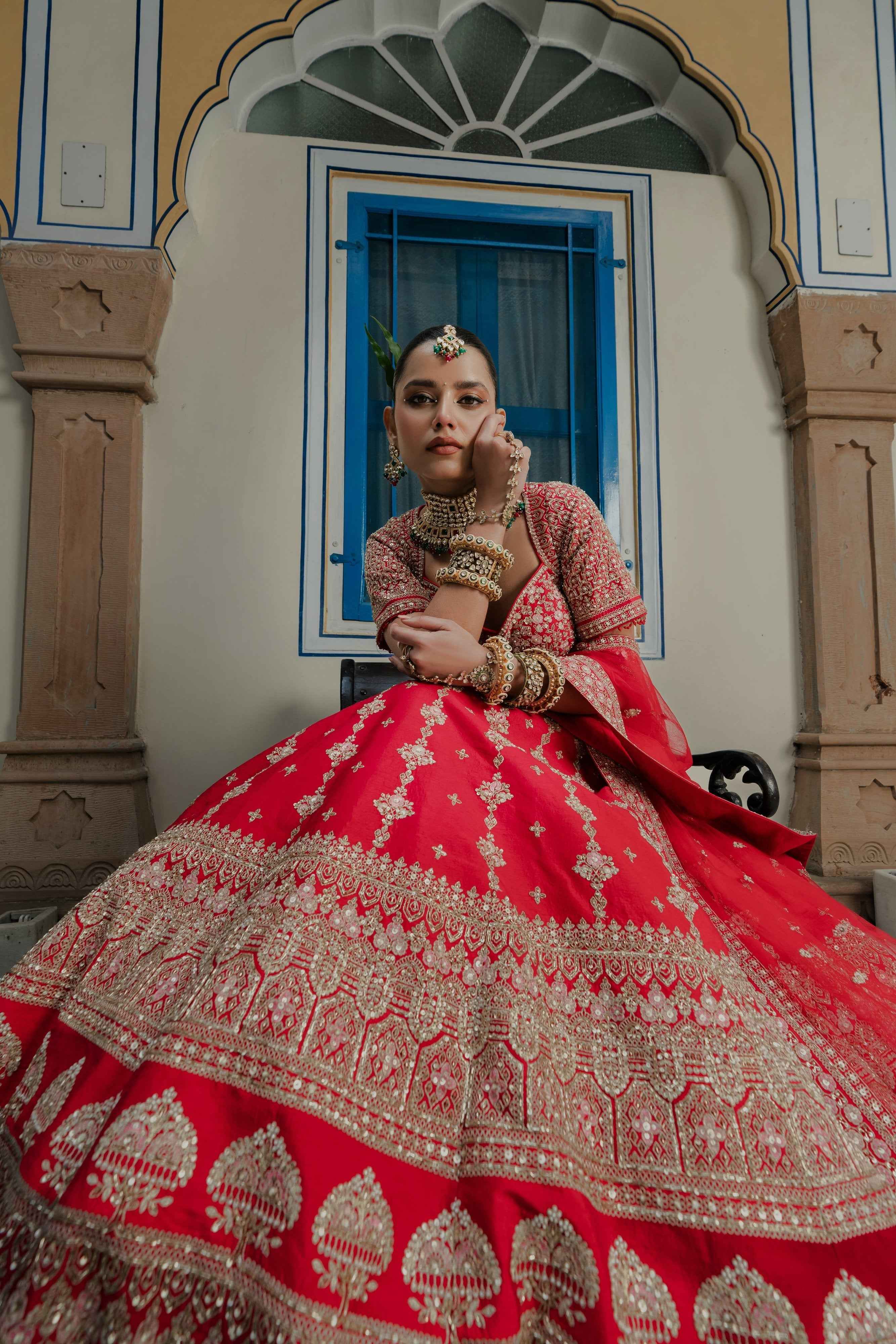 Luxurious Red Silk Bridal Lehenga Choli with Embellished Blouse – Palkhi Fashion