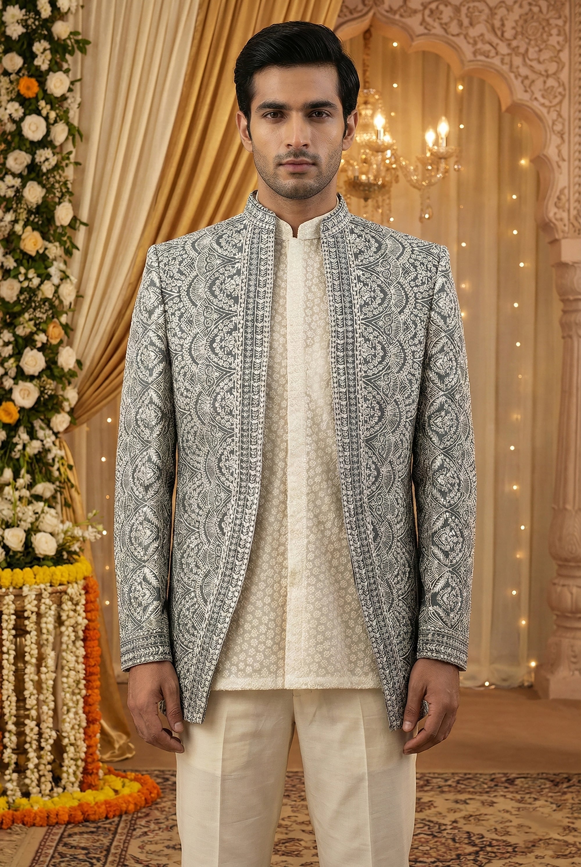 Mauve Majestic - Thread Embroidered Open Jacket Indo - Western Set | Palkhi Fashion Houston