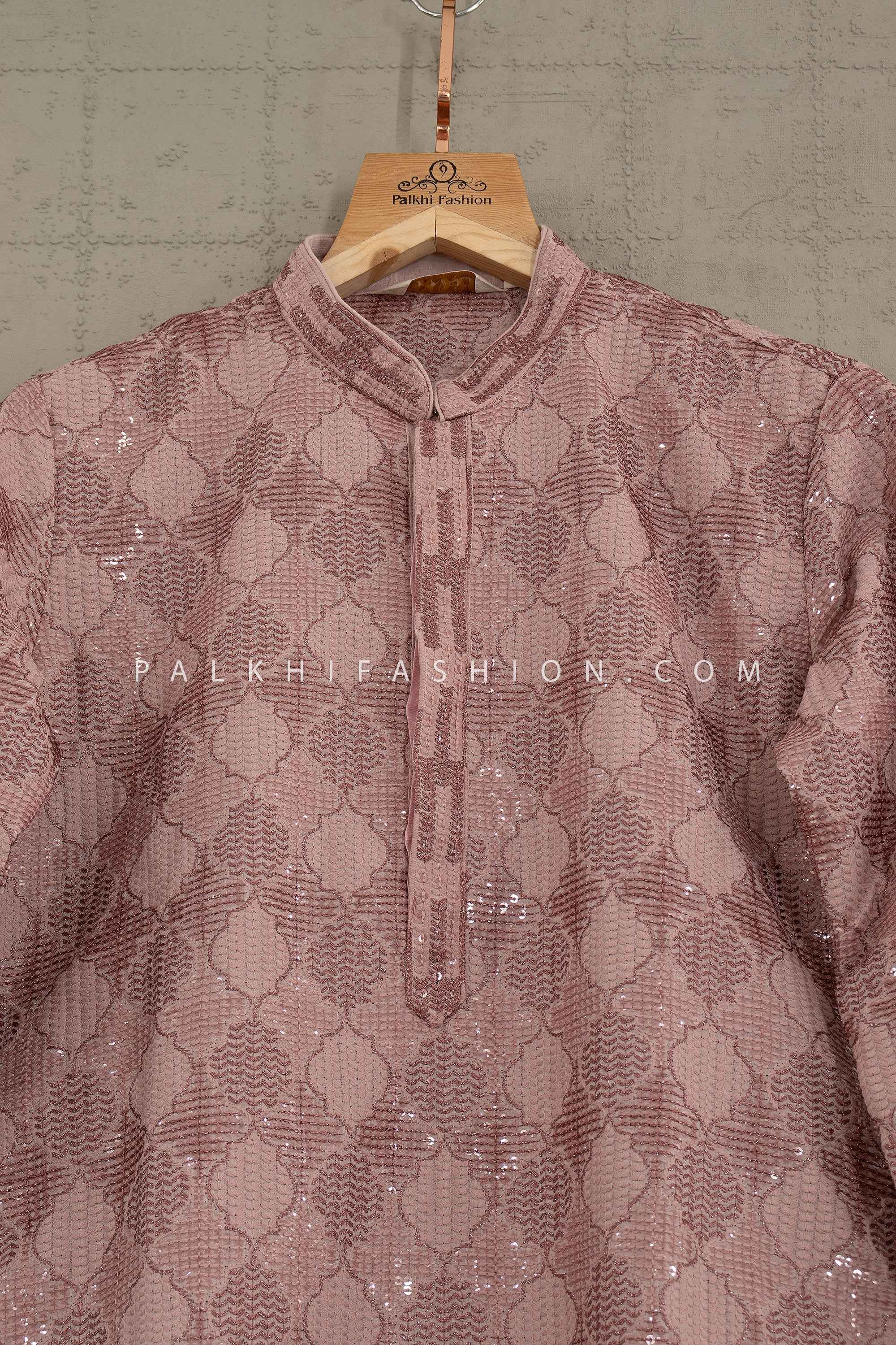 Mauve Sequin Embroidered Kurta Set with Off-White Pants – Palkhi Fashion