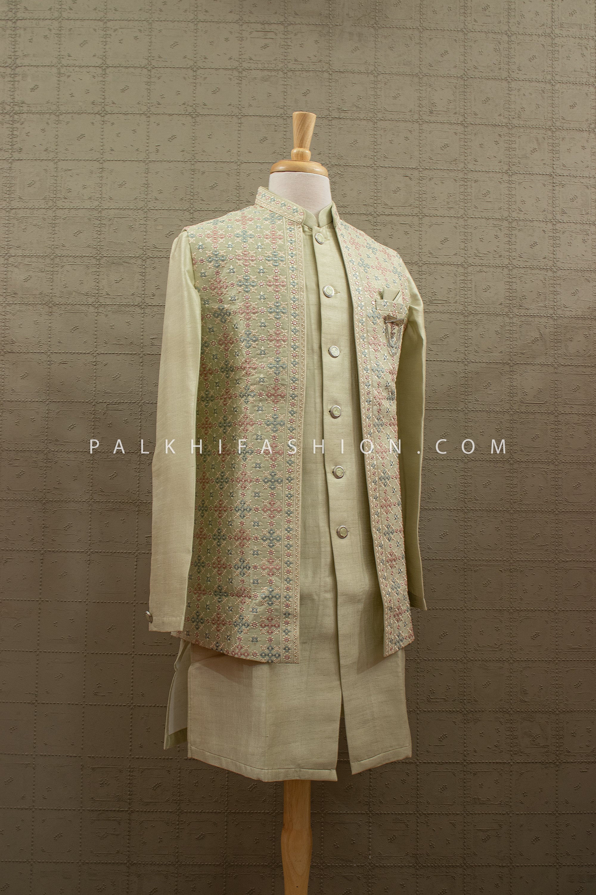 Mehendi Pastel Charm - Pistachio Kurta Set with Embroidered Jacket – Palkhi Fashion