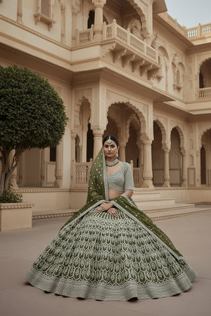 Mehndi Majesty: Light Mehndi Green Designer Lehenga Choli – Palkhi Fashion