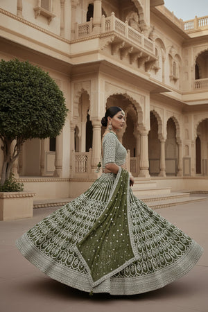 Mehndi Majesty: Light Mehndi Green Designer Lehenga Choli – Palkhi Fashion
