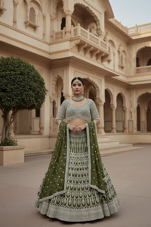 Mehndi Majesty: Light Mehndi Green Designer Lehenga Choli – Palkhi Fashion