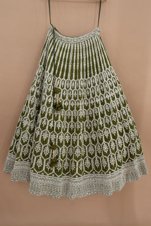 Mehndi Majesty: Light Mehndi Green Designer Lehenga Choli – Palkhi Fashion