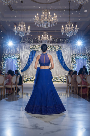 💙Midnight Aura: Royal Blue Mermaid Handwork Lehenga Choli by Palkhi Fashion