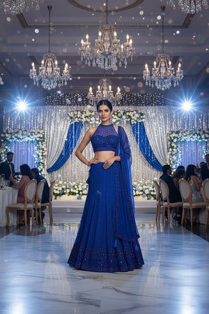 💙Midnight Aura: Royal Blue Mermaid Handwork Lehenga Choli by Palkhi Fashion