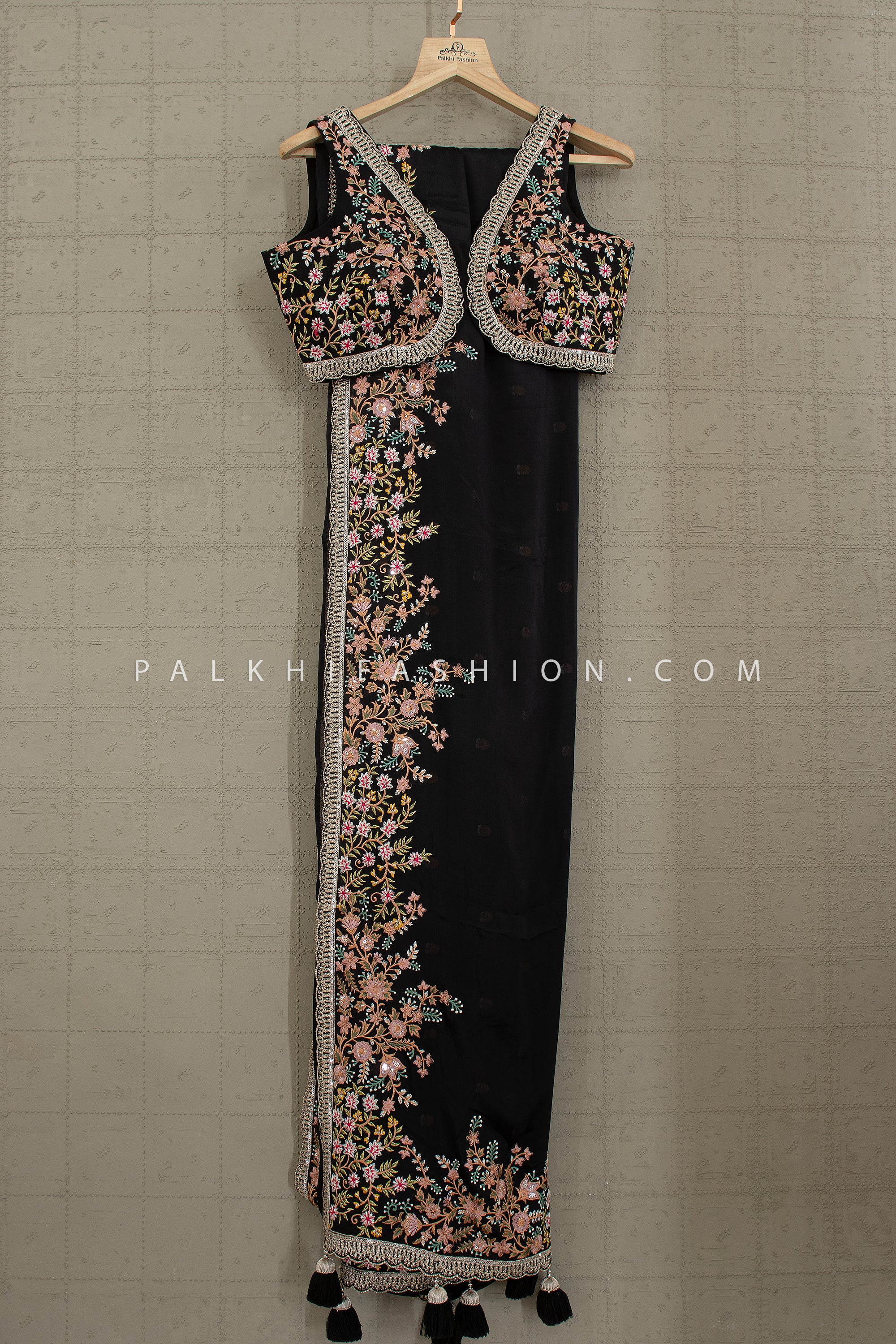 Midnight Bloom: Black Floral Embroidered Saree Set with Designer Blouse – Palkhi Fashion Houston