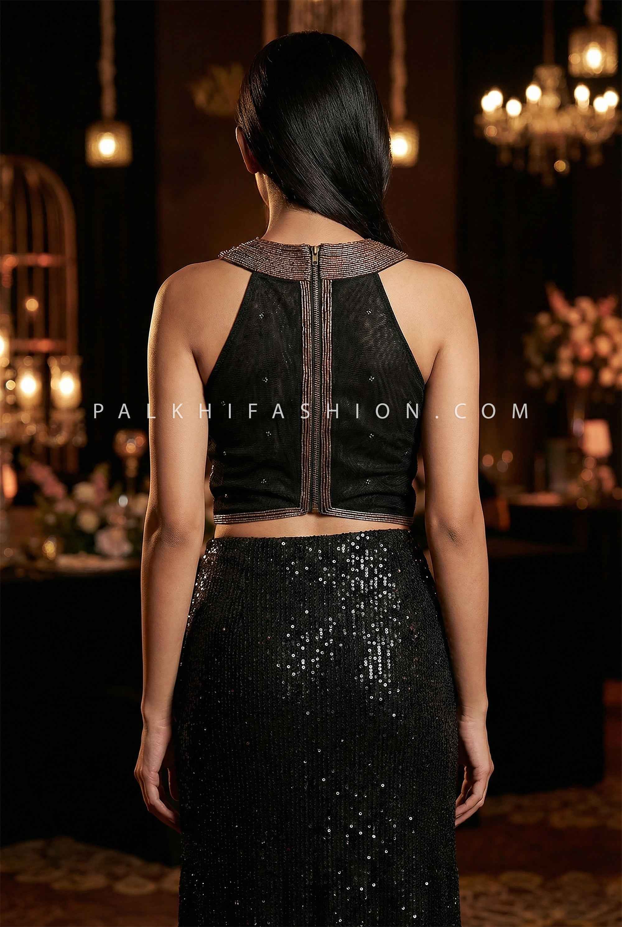 Midnight Contour Black & Copper Indo-Western Fusion Lehenga Set | Palkhi Fashion