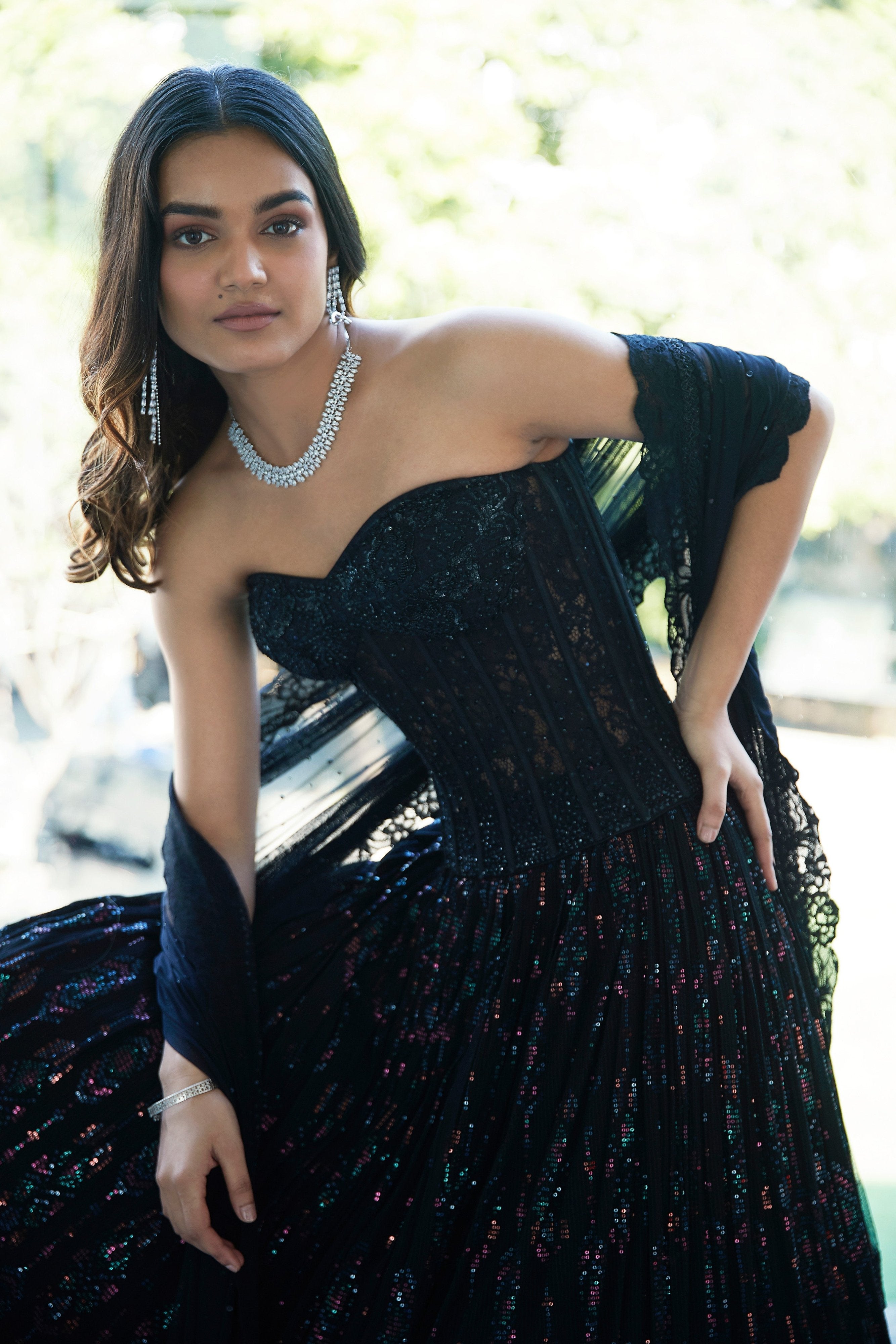 Midnight Elegance: Black Designer Lehenga Choli with Handwork Corset Top – Palkhi Fashion