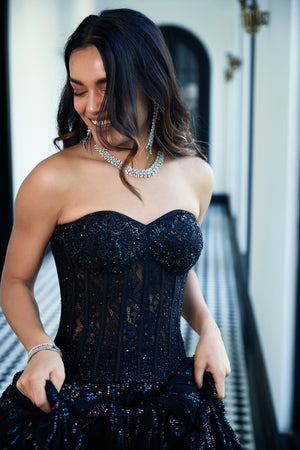 Midnight Elegance: Black Designer Lehenga Choli with Handwork Corset Top – Palkhi Fashion