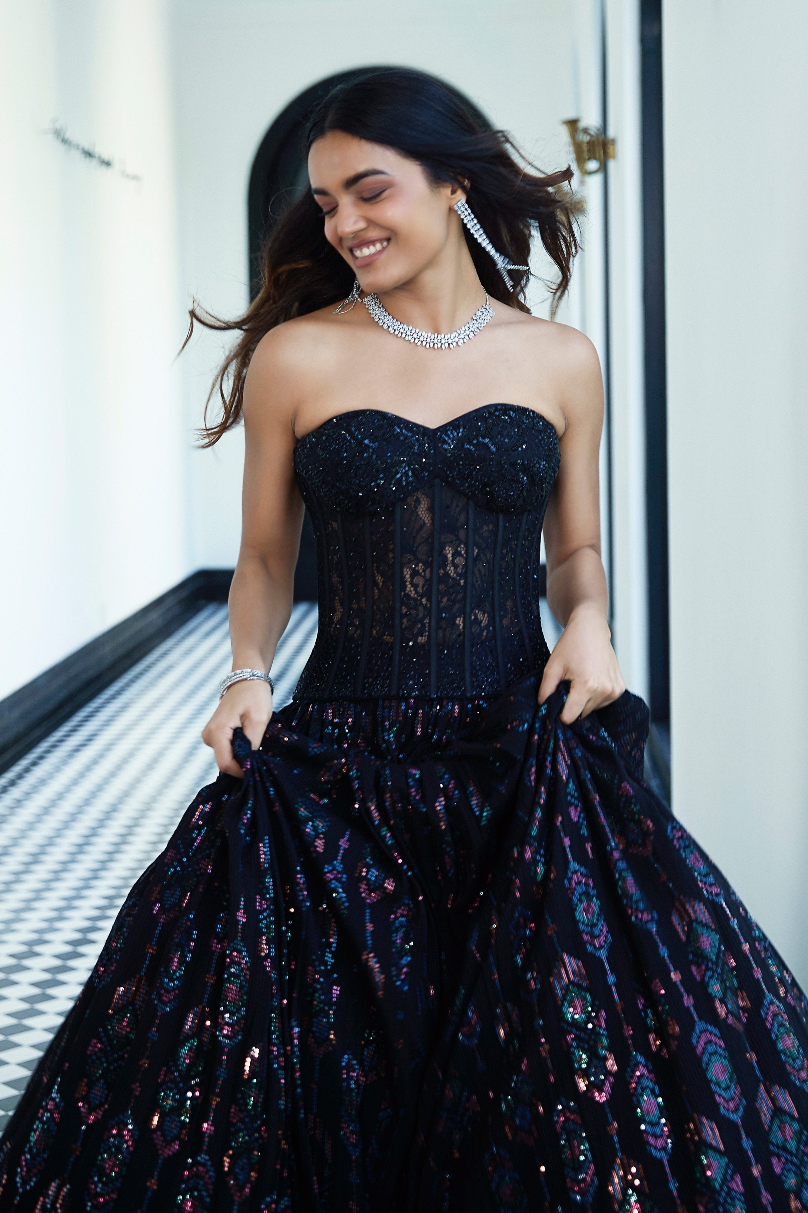 Midnight Elegance: Black Designer Lehenga Choli with Handwork Corset Top – Palkhi Fashion