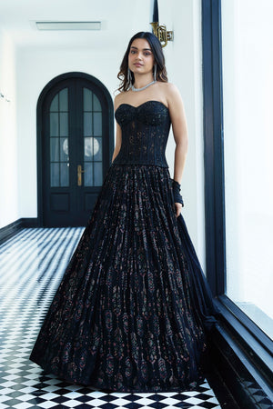 Midnight Elegance: Black Designer Lehenga Choli with Handwork Corset Top – Palkhi Fashion