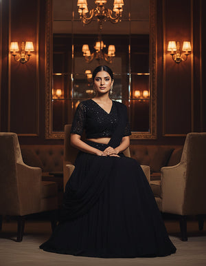 Midnight Enchant: Black Contemporary Lehenga with Handwork Blouse – Palkhi Fashion