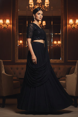 Midnight Enchant: Black Contemporary Lehenga with Handwork Blouse – Palkhi Fashion