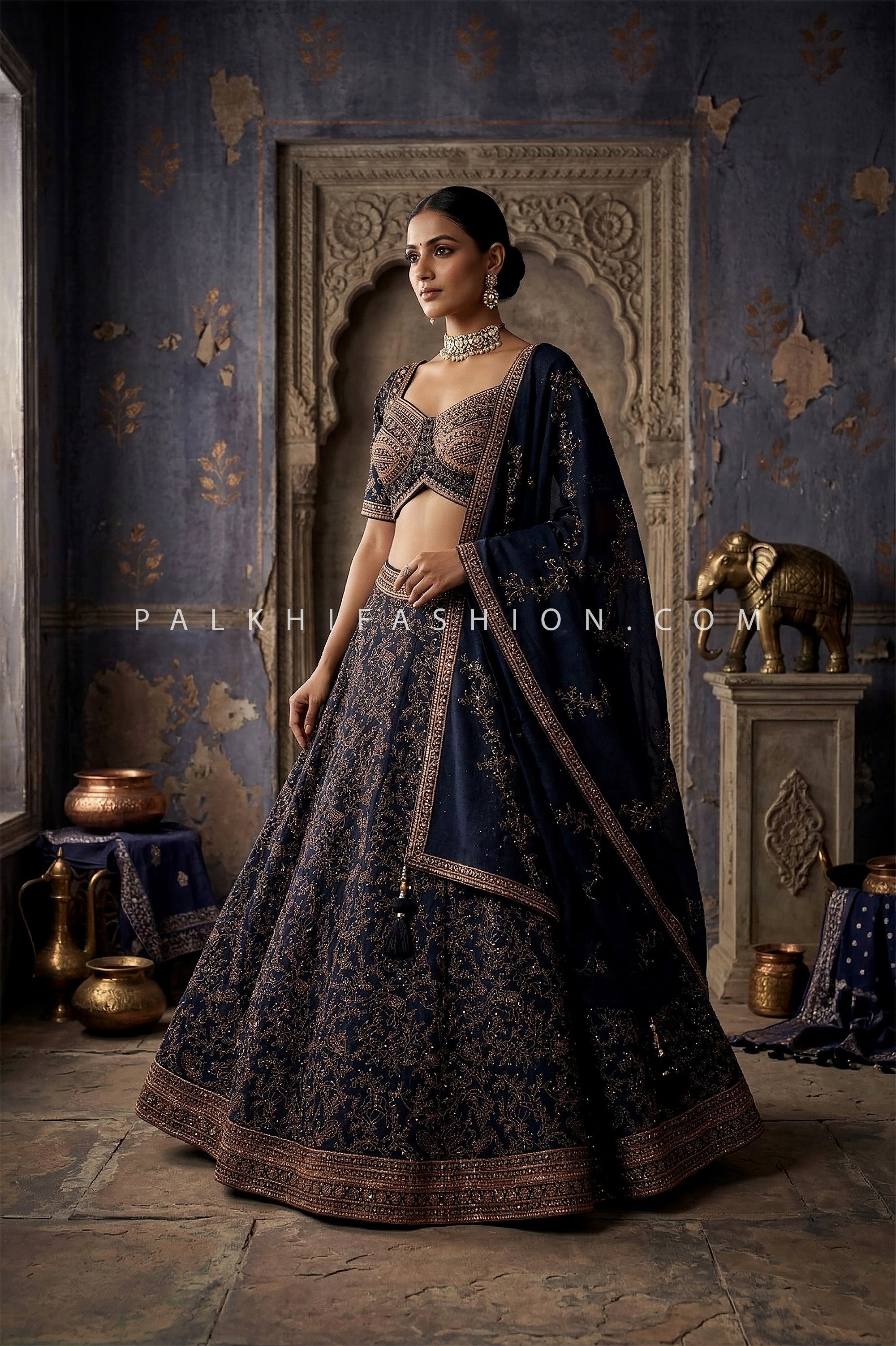 Midnight Heritage Royalty – Midnight Blue Copper Embroidery Lehenga Choli – Palkhi Fashion
