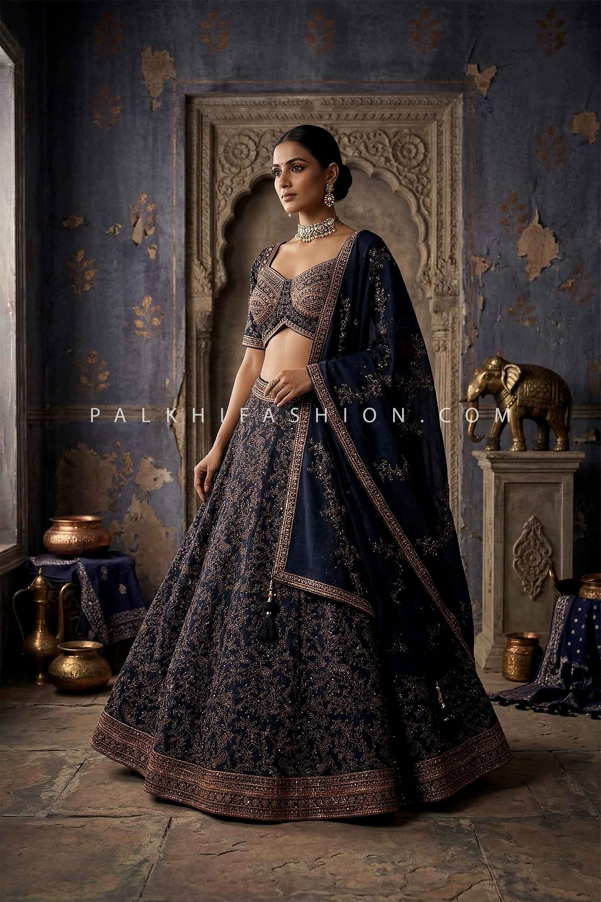 Midnight Heritage Royalty – Midnight Blue Copper Embroidery Lehenga Choli – Palkhi Fashion