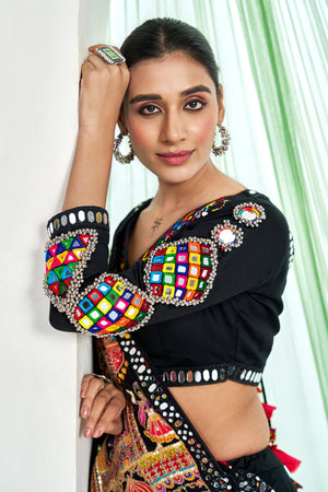 Midnight Majesty: Black Premium Cotton Silk Navratri Chaniya Choli with Mirror & Embroidery – Palkhi Fashion