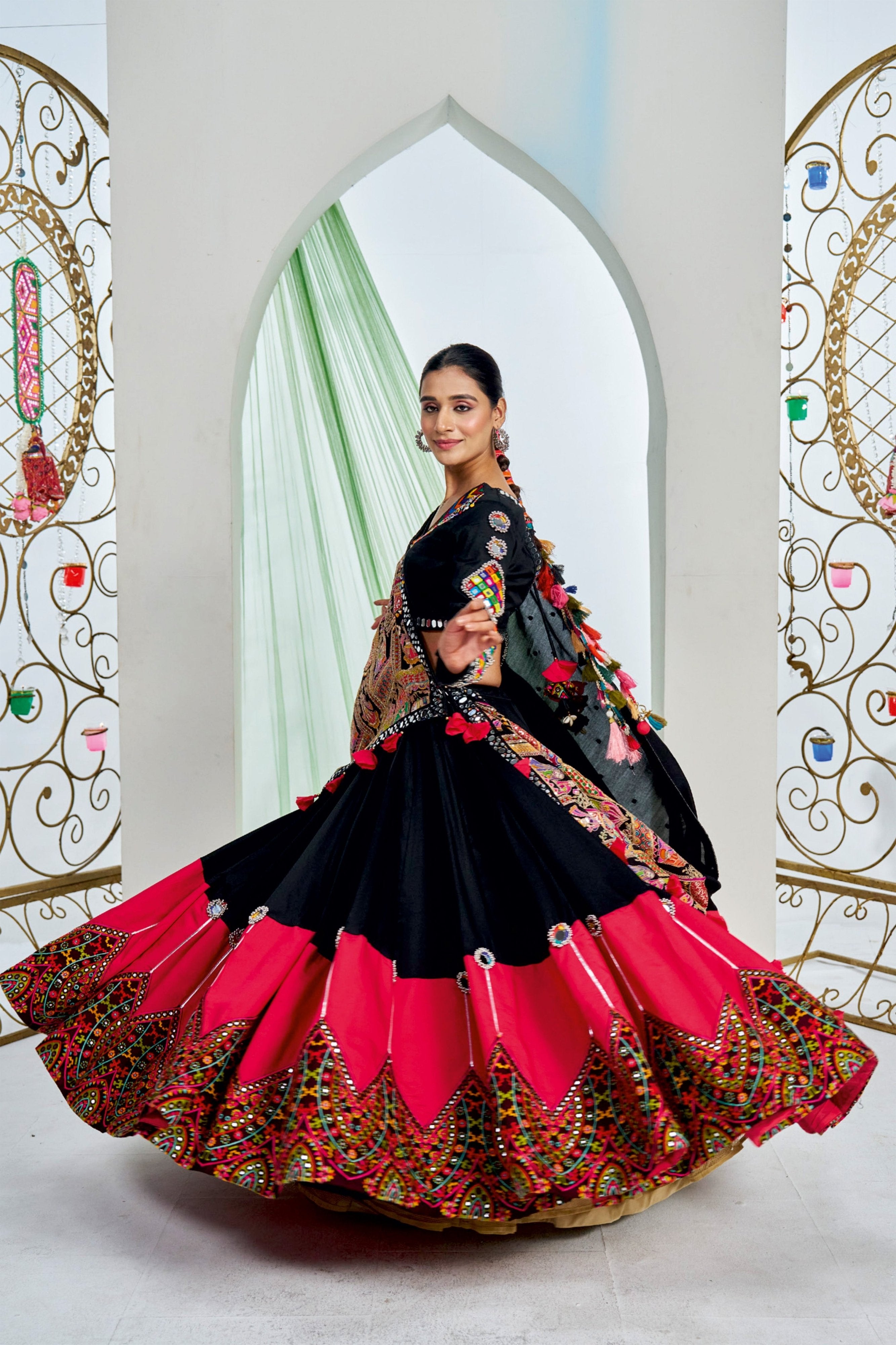 Midnight Majesty: Black Premium Cotton Silk Navratri Chaniya Choli with Mirror & Embroidery – Palkhi Fashion