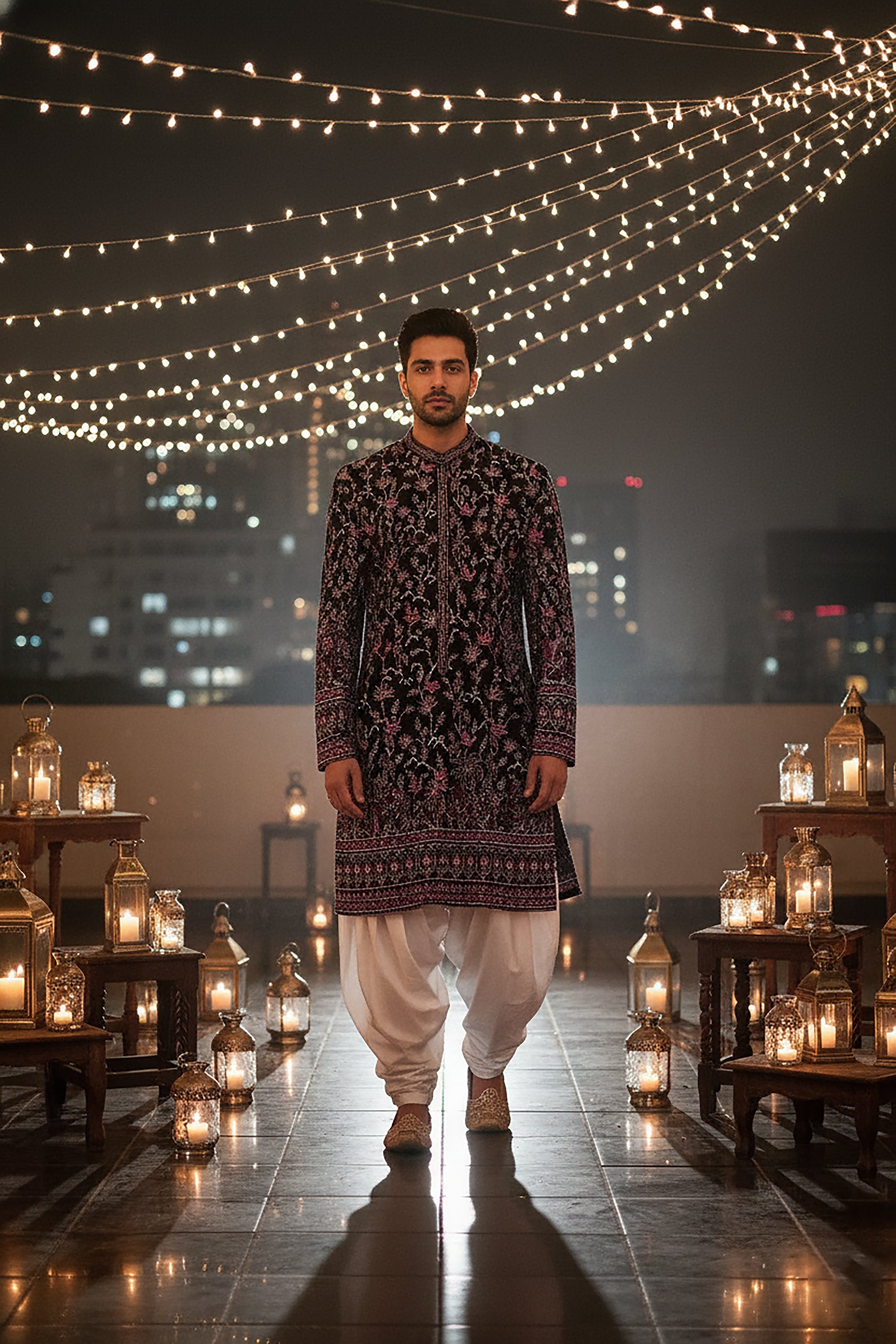 Midnight Majesty: Velvet Embroidered Kurta with Royal Motifs – Palkhi Fashion