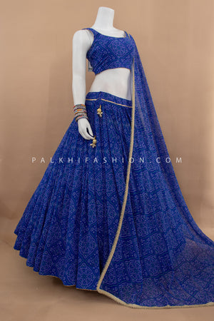 💙 Midnight Melody: Blue Georgette Full - Flair Bandhani Chaniya Choli – Palkhi Fashion