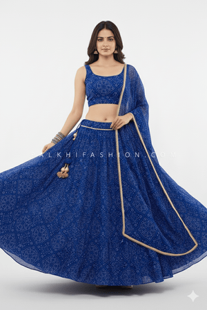 💙 Midnight Melody: Blue Georgette Full - Flair Bandhani Chaniya Choli – Palkhi Fashion