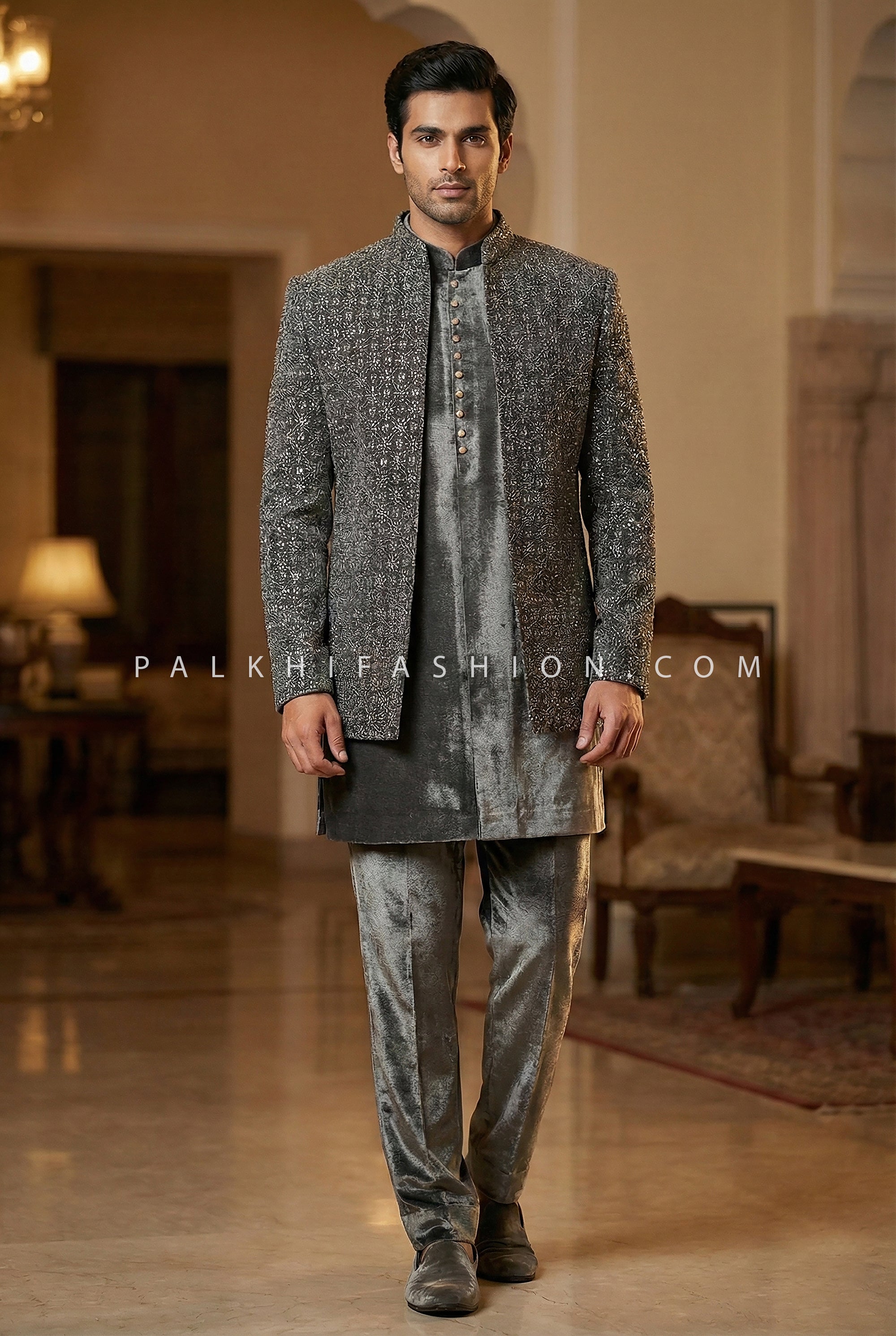 Midnight Monarch: Deep Grey Velvet Open Jacket Indo Western with Handwork