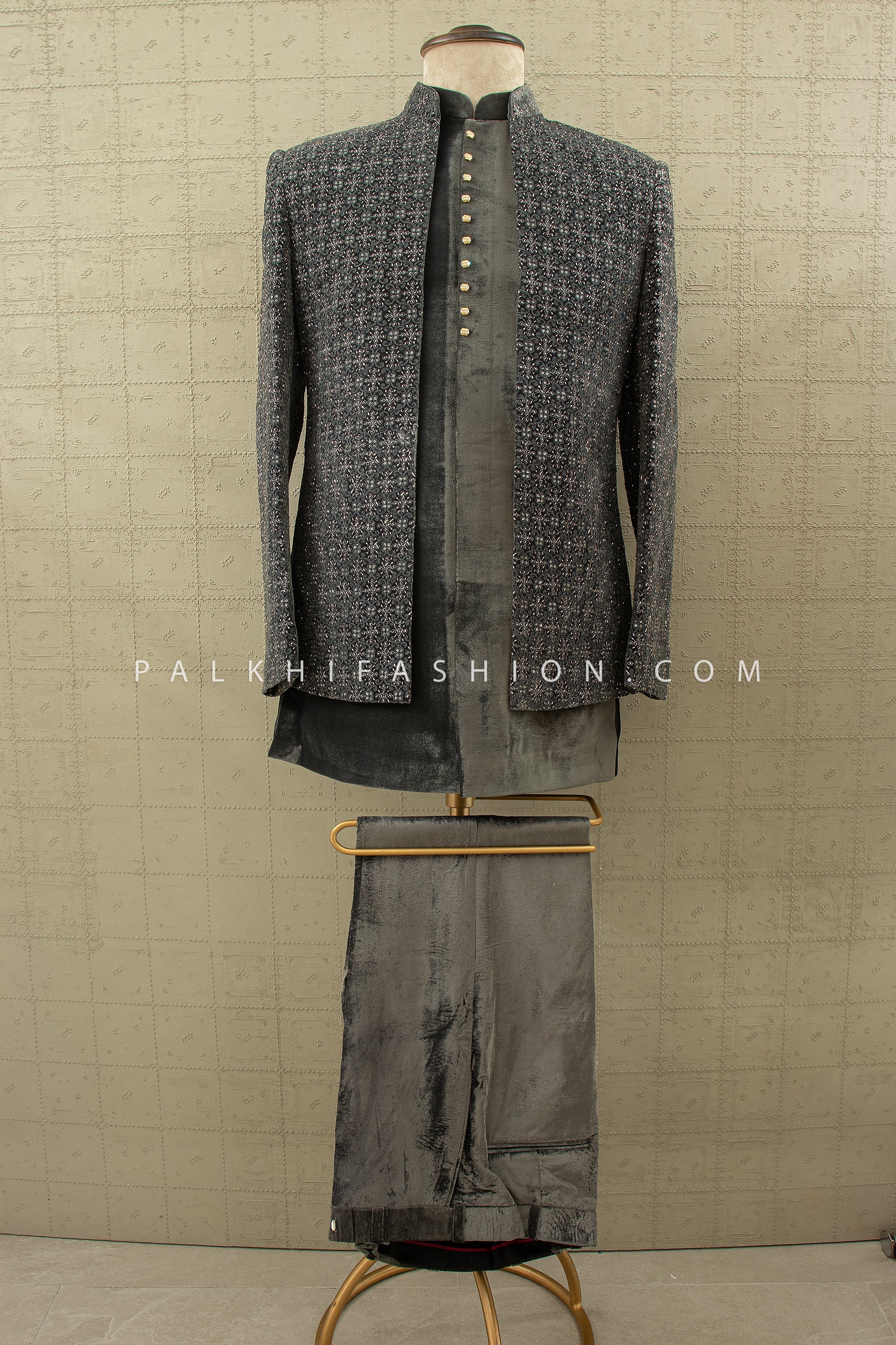Midnight Monarch: Deep Grey Velvet Open Jacket Indo Western with Handwork