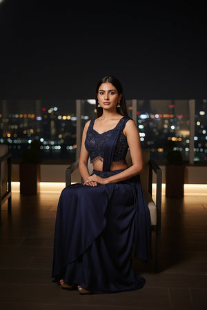 🌌 Midnight Muse: Navy Blue Cocktail Draped Lehenga with Hand & Bead Work Blouse