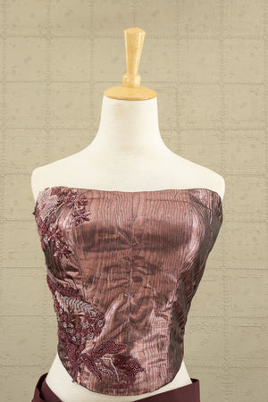 🍷 Midnight Muse: Wine Sculpted Drape Saree with Beaded Corset Blouse – Palkhi Fashion