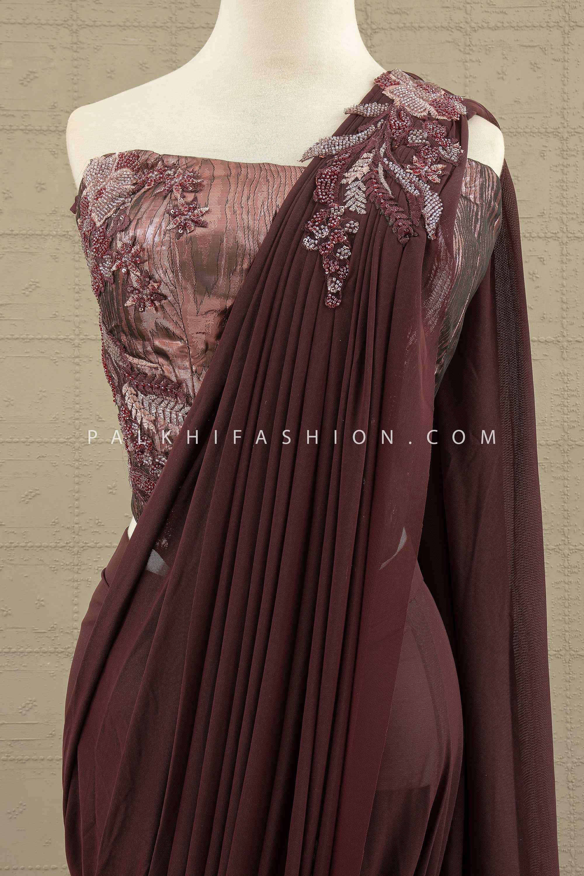 🍷 Midnight Muse: Wine Sculpted Drape Saree with Beaded Corset Blouse – Palkhi Fashion